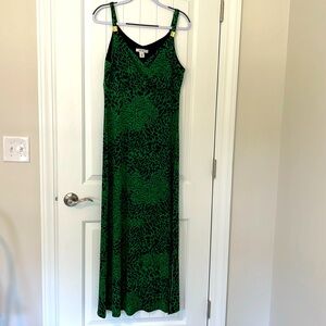 WHBM M, green and black animal, print, leopard, cheetah, long maxi travel dress